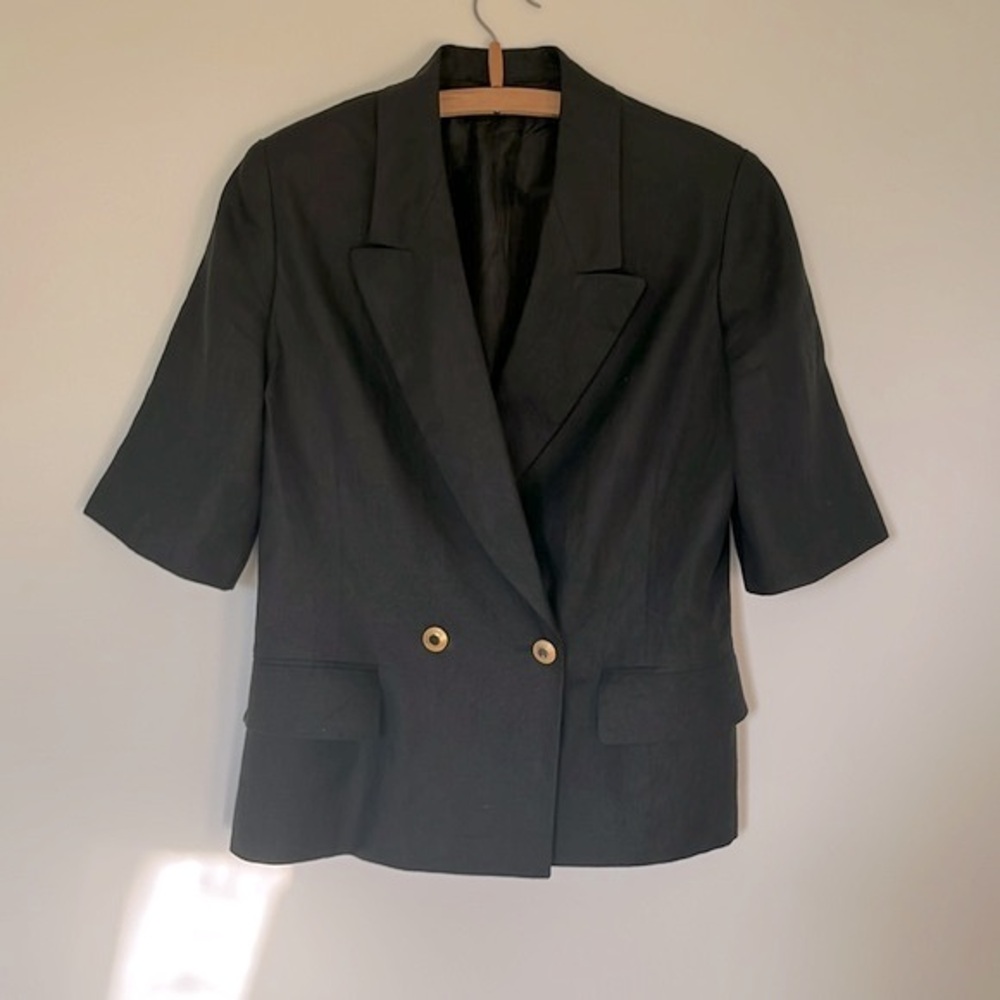 Vintage Jobis Tailored Black Linen Elbow Sleeve Jacket US 10